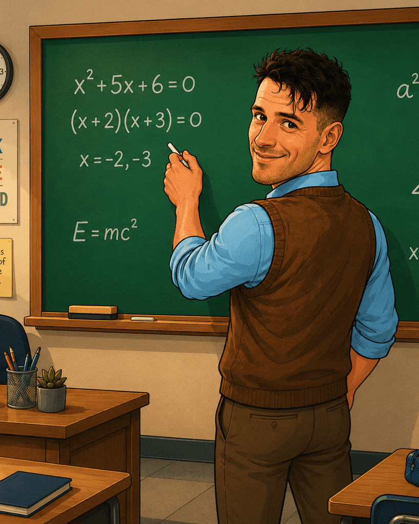 A teacher writing algebra and trigonometry on a classroom blackboard